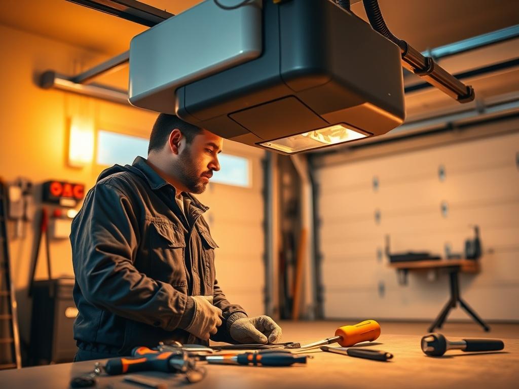 A technician examining a garage door opener, with tools laid