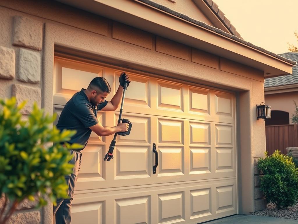A professional technician repairing a residential garage door in a