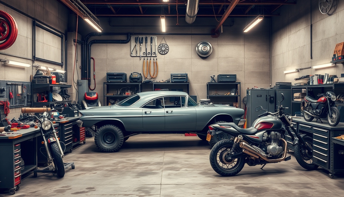 Professional Mechanical Garage with Vehicles and Workbenches