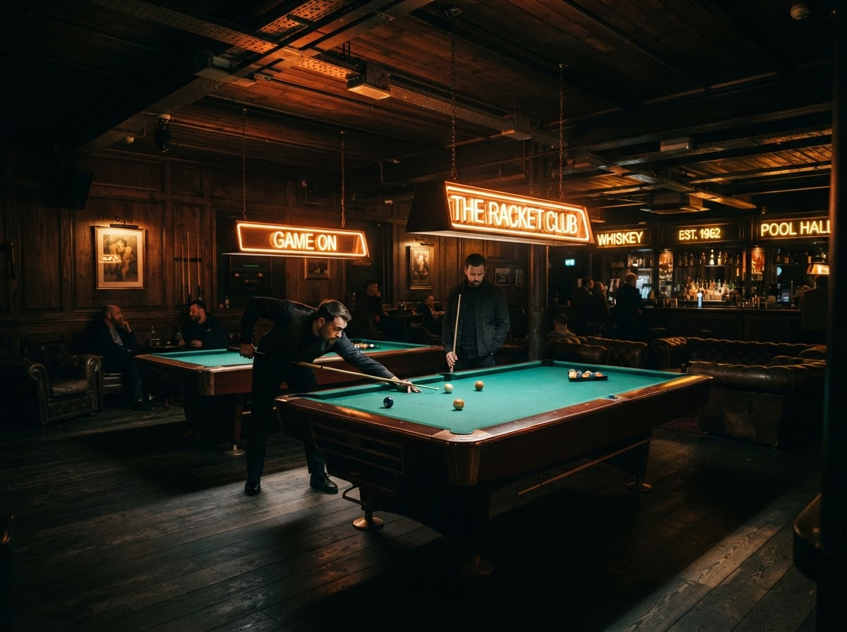 Dark Cinematic Billiard Room with Tables and Neon Lighting