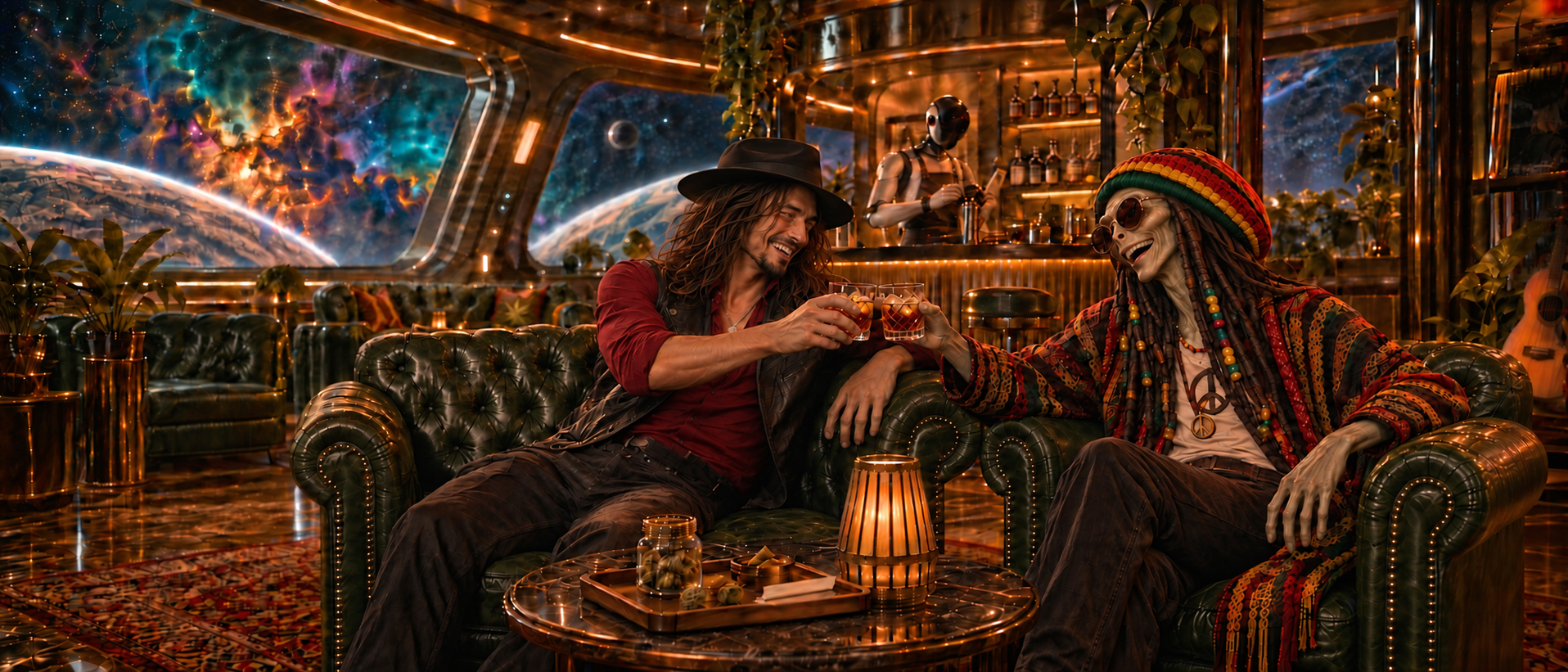 Mac and Rasta at the usual table in the lounge