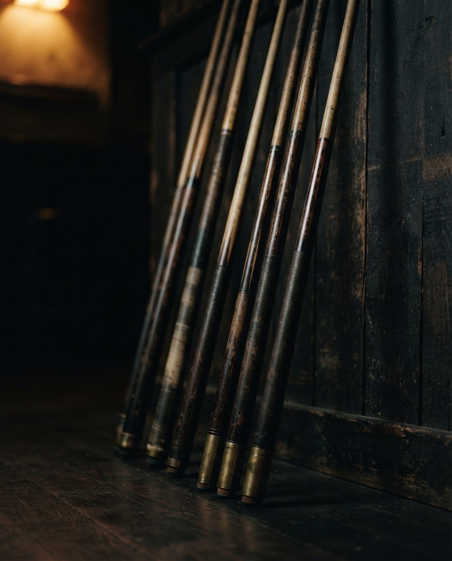 Vintage pool cues on wooden wall