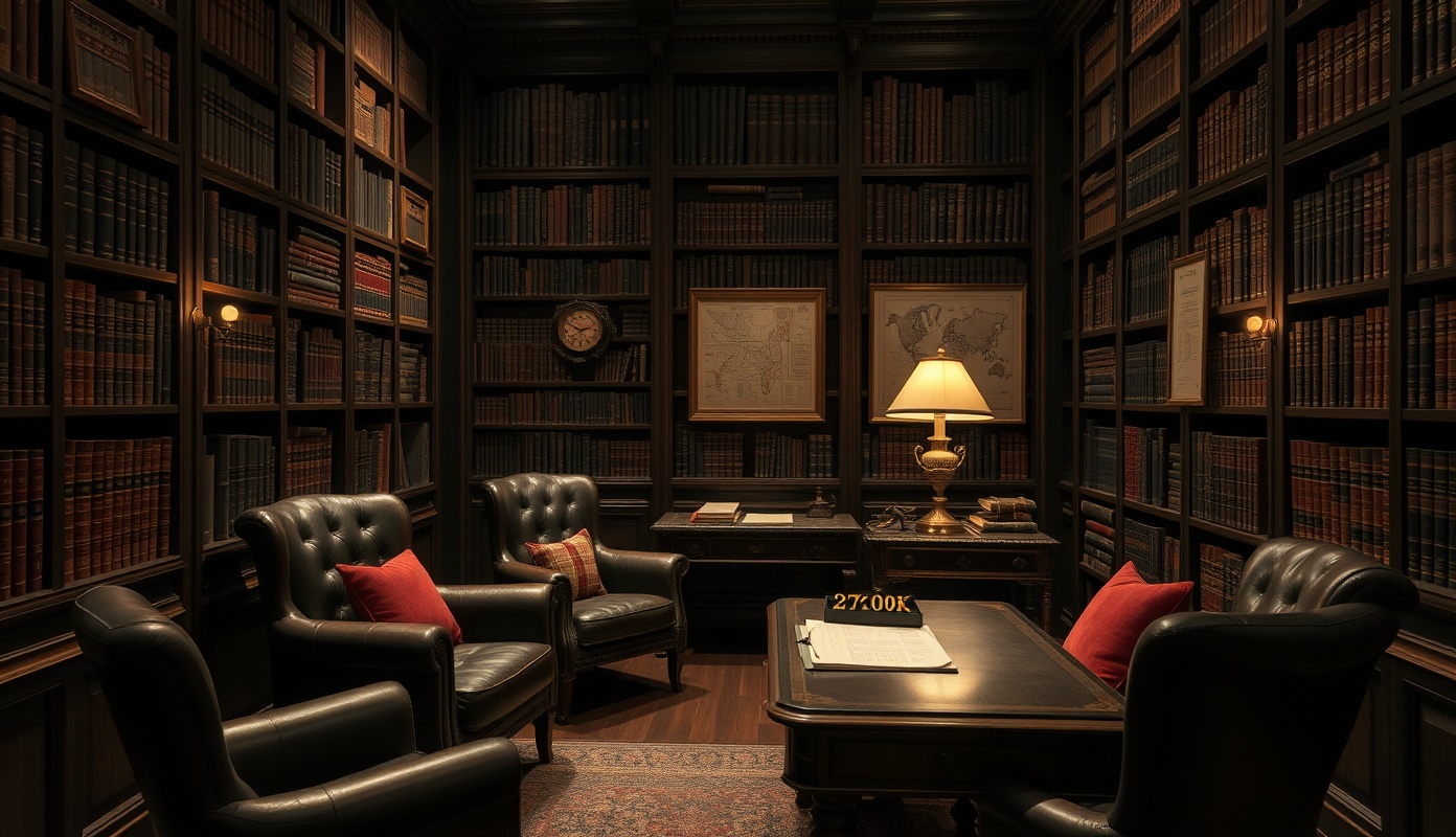 Dark Wood Library with Leather Armchairs and Scholarly Atmosphere