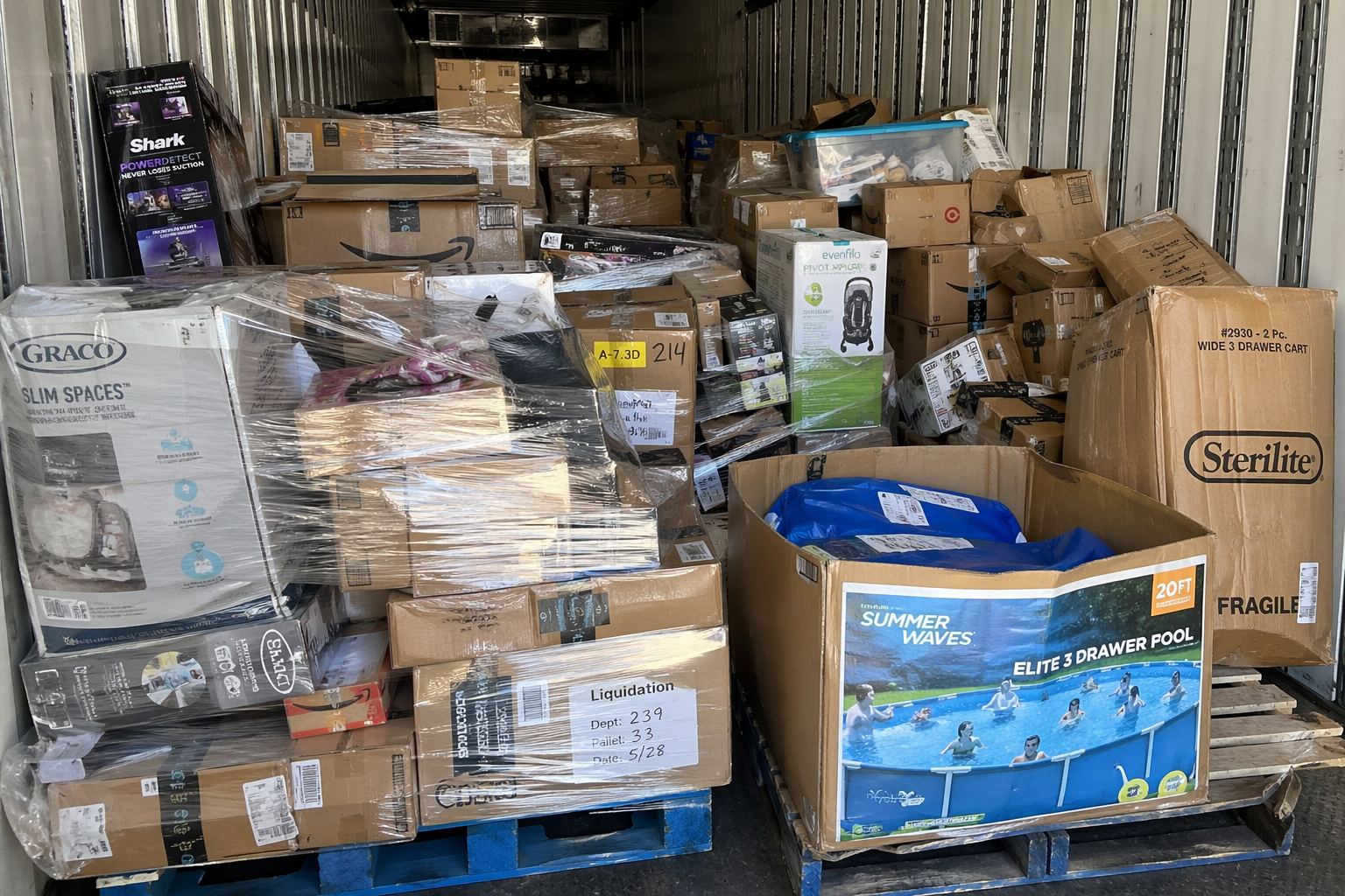 Fully loaded 18-wheeler semi-truck with merchandise pallets at warehouse loading dock