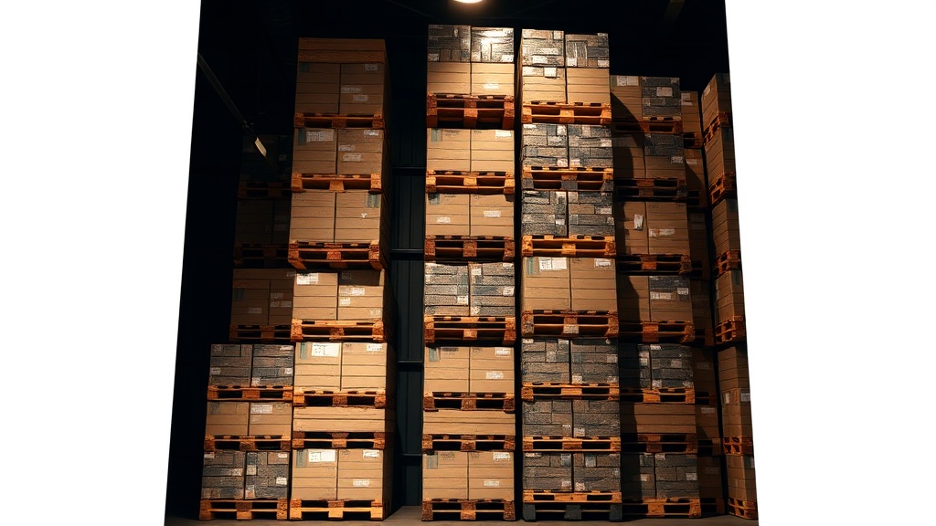 Stacked wooden pallets and cardboard boxes in warehouse
