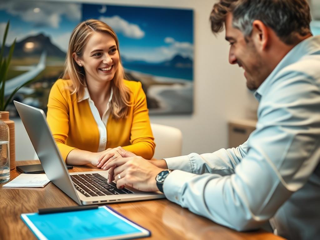 A close up shot of a travel agent assisting a