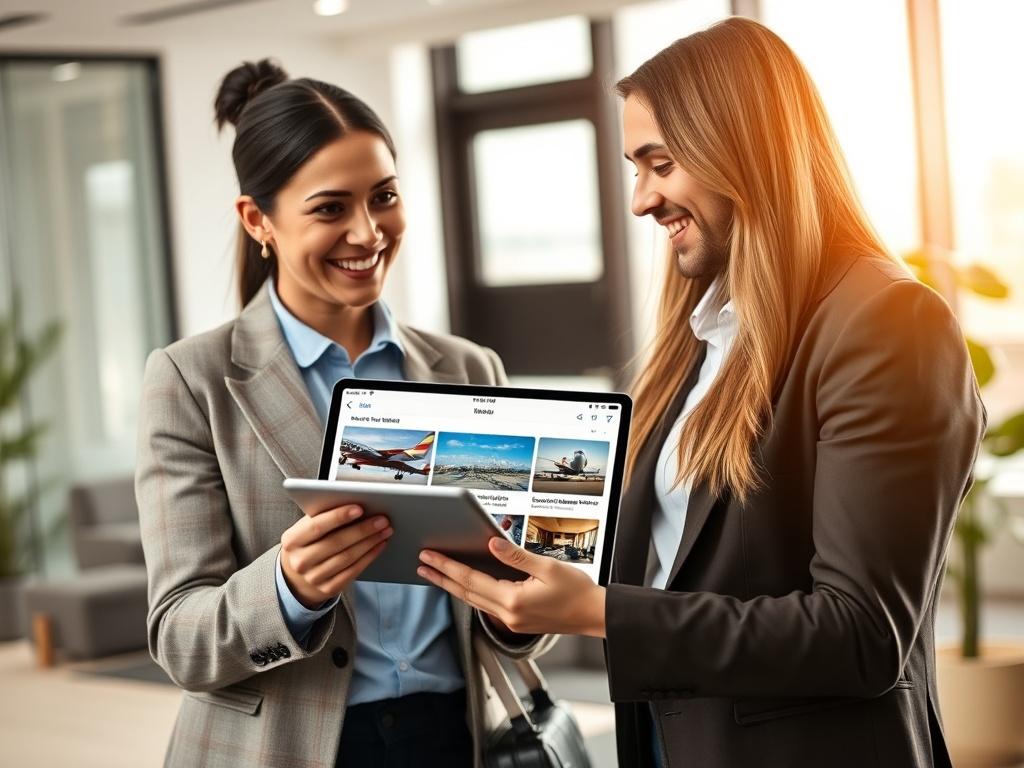 An image of a travel consultant presenting a tablet to