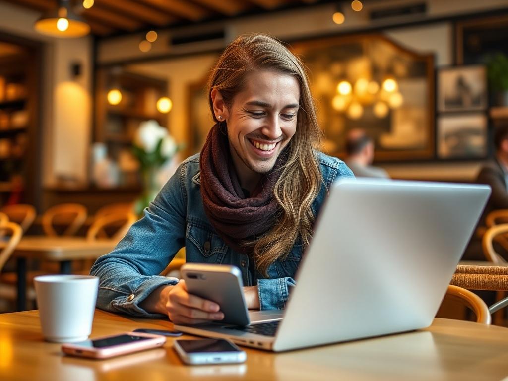 An image of a traveler happily using a laptop in
