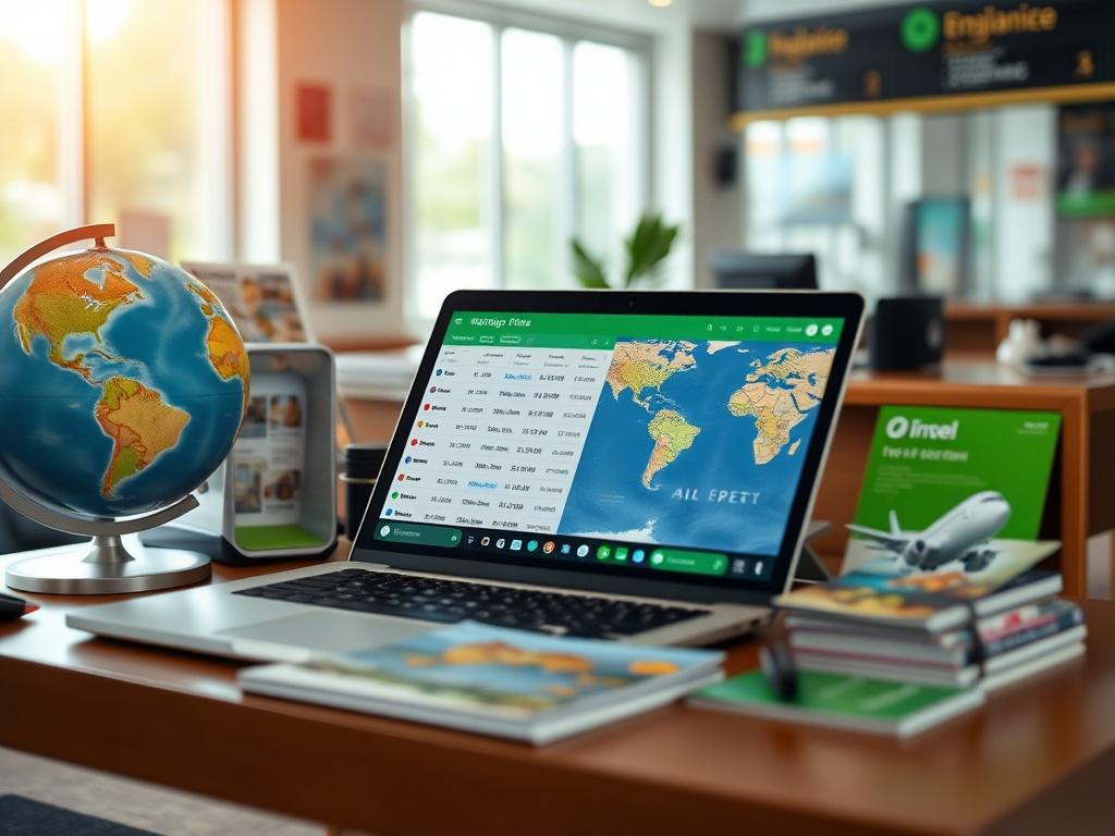 A close up shot of a travel agent's desk featuring