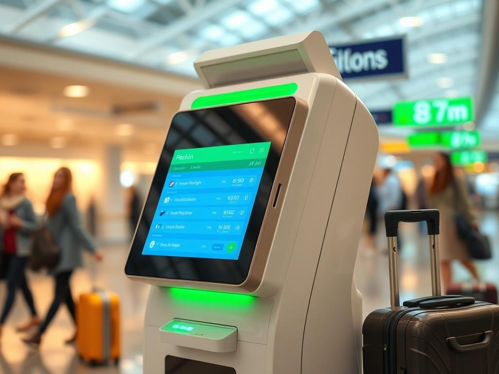 Create a realistic high-resolution photo featuring a close-up shot of a modern airport check-in kiosk with a sleek, user-friendly interface. The subject should be the check-in kiosk, clearly centered in the composition, showcasing its touch screen displaying flight booking options. The background should show blurred travelers in the airport, giving a sense of motion and activity, with soft ambient lighting to provide a welcoming atmosphere. The overall color palette should include shades of green to reflect