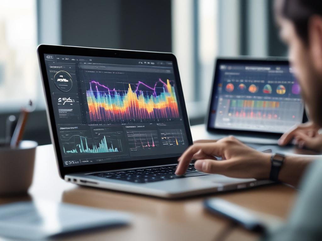 A hyper-realistic close-up of a digital marketer analyzing data on a laptop screen showing graphs and social media analytics, with a subtle #FF6E4E color scheme in the blurred background. Shot with a 45mm f/1.2 lens style.