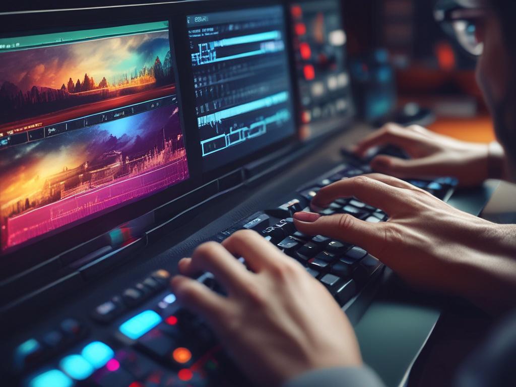 A hyper-realistic close-up of a video editor's hands operating a professional video editing keyboard and monitor, displaying a timeline of video clips with vibrant colors. Shot with a 45mm f/1.2 lens style, the background subtly features the #FF6E4E color tone.