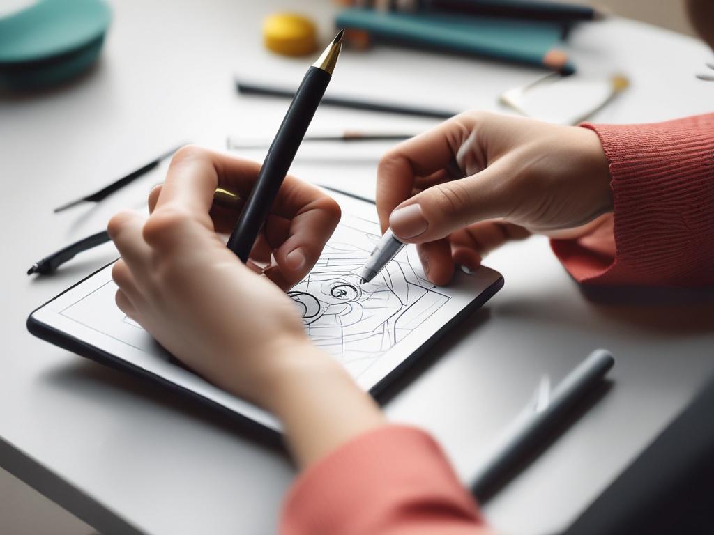 A hyper-realistic, close-up shot of a professional graphic designer's hand working on a digital tablet, using a stylus to create a vibrant logo design. The background is blurred with soft tones complementing #FF6E4E, taken with a 45mm f/1.2 lens style.