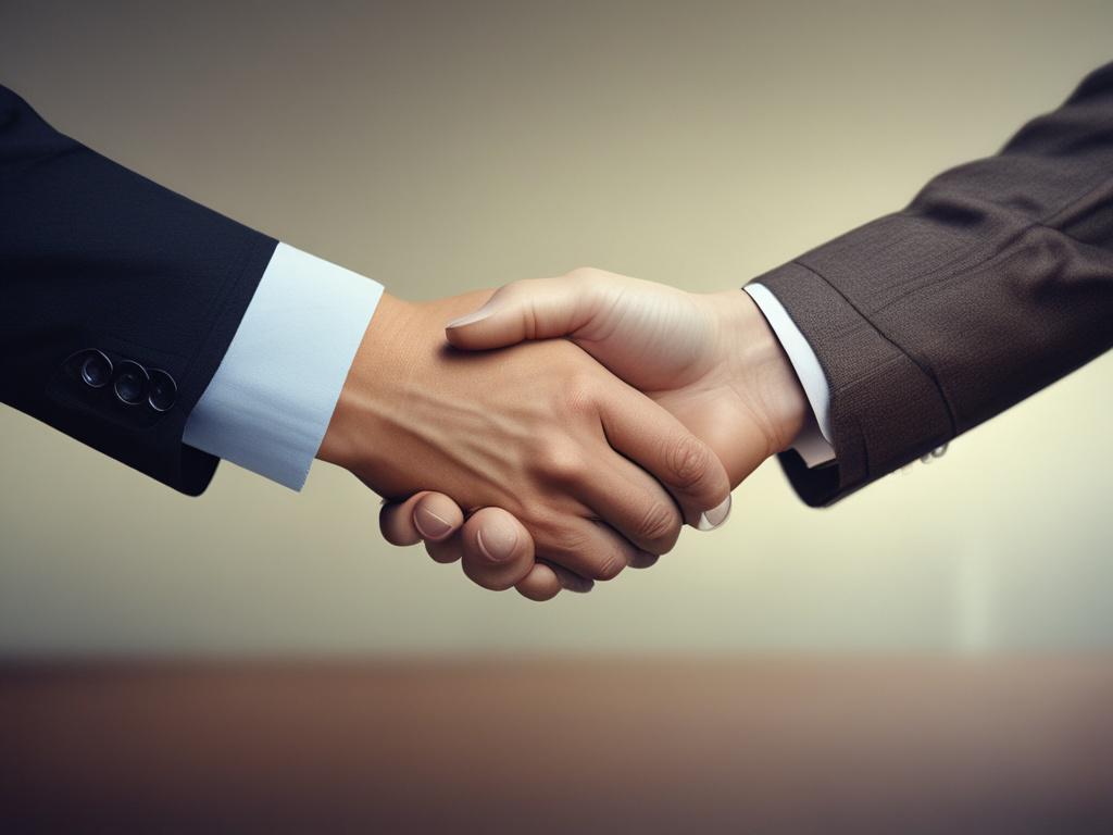 A sharp, hyper-realistic close-up of a handshake between a client and a freelancer, symbolizing trust and agreement. The photo is taken with a 45mm f/1.2 lens style, featuring a softly blurred modern office background with color tones matching #FF6E4E.