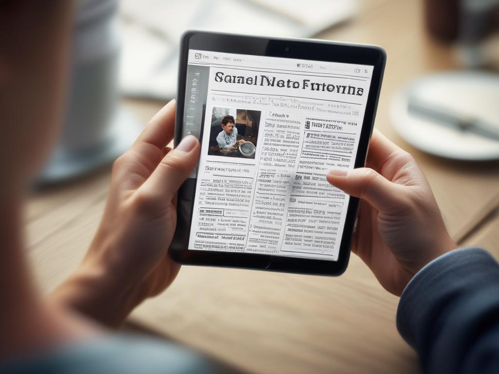 A hyper-realistic close-up of a person reading a digital newsletter on a smartphone, focusing on the screen displaying freelance market trends. The background is a clean, softly lit workspace with warm hues matching the #FF6E4E color.