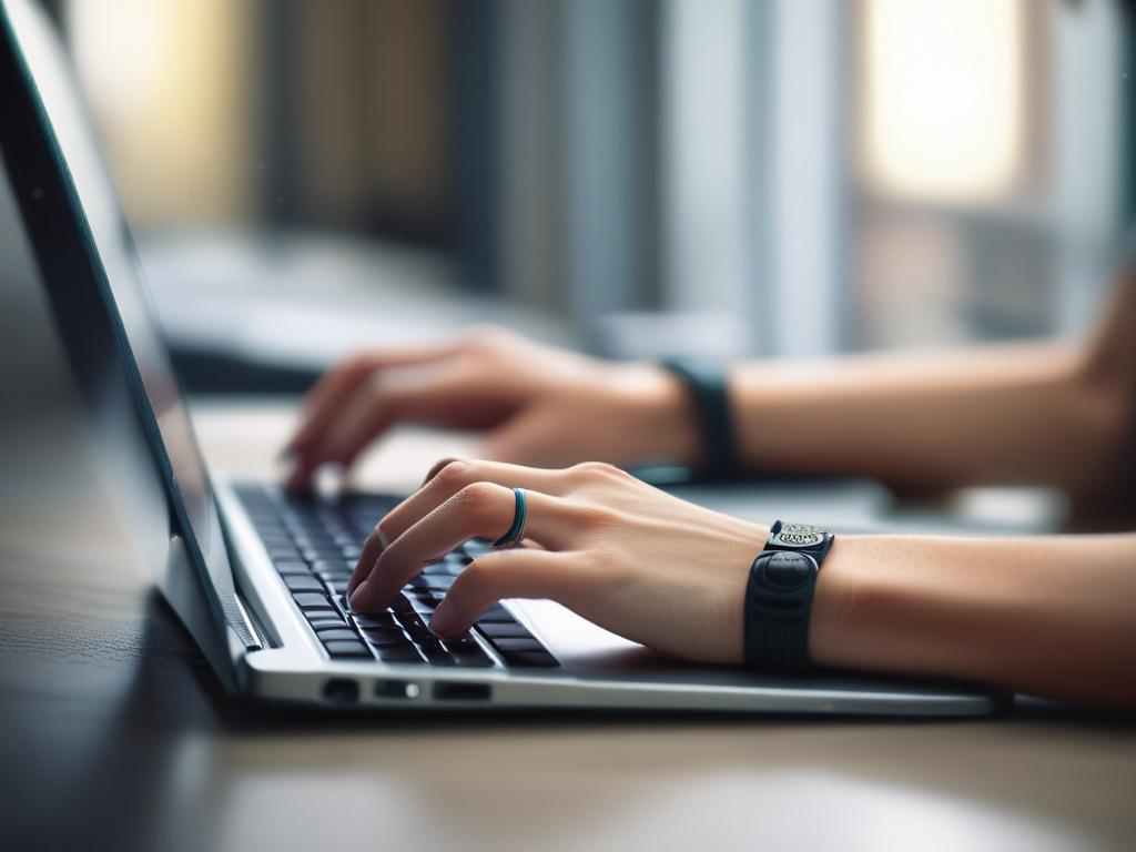 A close-up shot of a professional freelancer working on a laptop, focusing on their hands typing on a keyboard, with a blurred background of a modern workspace. The photo is hyper-realistic, high-resolution, shot with a 45mm f/1.2 lens style, featuring warm tones compatible with the #FF6E4E color.