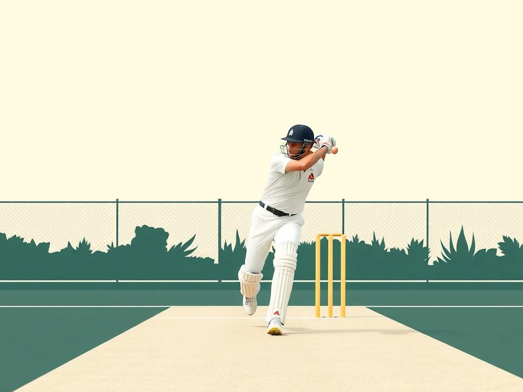 A realistic high-resolution photo of a cricket player in mid-bowling action on a well-maintained cricket pitch. The image features clear, minimalistic lines and simple colors with a focus on the player and the cricket ball. The background is uncluttered with negative space and the primary color rgb(193, 153, 87) subtly integrated into the environment.
