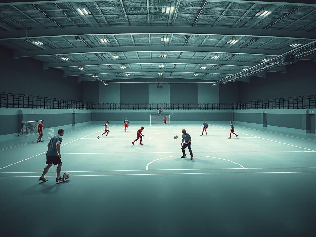 A realistic high-resolution photo of a sports event in progress at a multi-sports arena featuring players actively engaged in futsal with clear, minimalistic design elements. The image uses clean lines and negative space with simple color tones, incorporating the primary color rgb(193, 153, 87) subtly in the background.