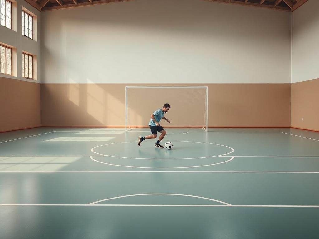 A realistic high-resolution photo of a futsal player dribbling a ball on an indoor futsal court with clean lines and minimalistic design. The scene focuses on the player in action with natural lighting highlighting the court's smooth surface. Background is simple with negative space and subtle shades of rgb(193, 153, 87) complementing the player's motion.