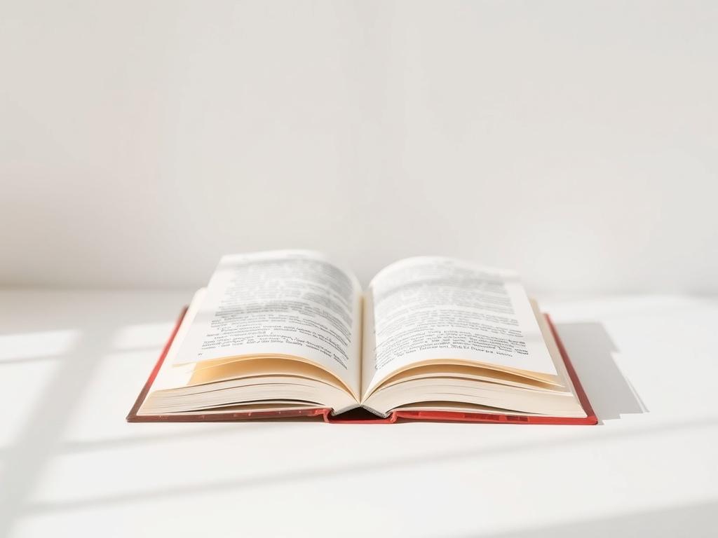 A realistic high-resolution photo of a single open book on a clean white surface, with soft natural lighting and ample negative space around it. The book pages are slightly curled, and the background is minimalistic with simple colors, predominantly in shades of beige and white, complementing the rgb(193, 153, 87) primary color. The composition is simple and clear, focusing on the open book as the sole subject, symbolizing clarity and transparency.