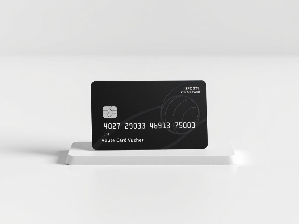 A realistic high-resolution photo of a sleek sports credit card or voucher placed on a minimalist surface. The background is clean with ample negative space featuring simple colors in shades compatible with rgb(193, 153, 87). The card displays subtle, elegant designs hinting at sports themes such as a futsal ball or cricket bat, focusing on essential elements with clean lines and minimal distractions.