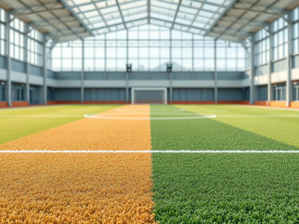A realistic high-resolution photo of a futsal ground featuring dual tone turf in shades of green and subtle brown, creating a visually appealing contrast. The turf appears lush and well-maintained. In the background, include blurred elements of a modern multi-sports arena with clean lines, minimalistic design, and ample natural light filtering through large windows. The scene should evoke a professional and inviting atmosphere, with no people present to keep the focus on the playing surface and environment.