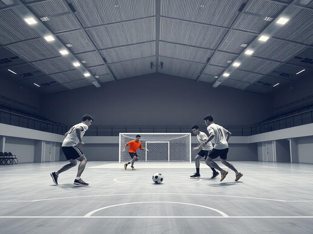 A realistic high-resolution photo of a 5v5 futsal match in progress inside a modern multi-sports arena. The image shows five players actively engaged in a dynamic moment of the game with a futsal ball near the center. The background features clean lines and minimalistic design elements with neutral colors and ample negative space. The primary color rgb(193, 153, 87) is subtly reflected in the players' uniforms and arena accents, emphasizing an energetic yet streamlined atmosphere.