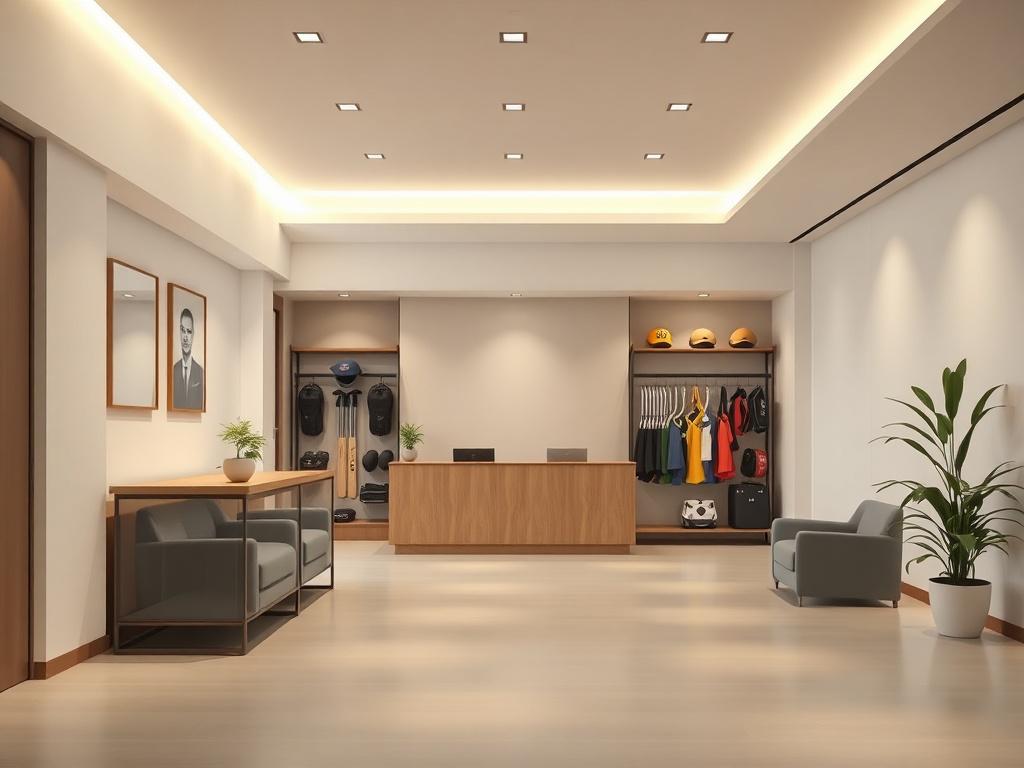 A single, focused image of a calm, professional sports facility reception area with a clean and minimalistic design. The space features simple lines, neutral tones with accents of the rgb(193, 153, 87) primary color, and ample negative space. The background shows an organized sports equipment rack subtly featuring futsal and cricket gear, softly blurred to keep attention on the foreground. The composition is clear and uncluttered, emphasizing transparency and trustworthiness.