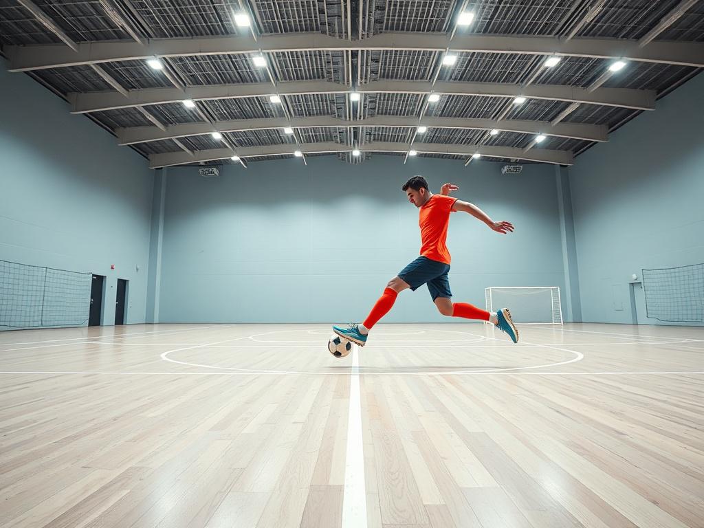 A realistic high-resolution photo of a dynamic futsal match in action inside a modern multi-sports arena. The composition features a single futsal player in mid-kick, wearing vibrant sportswear, on a clean, polished futsal court with clear markings. The background is minimalistic with clean lines, ample negative space, and simple colors, highlighting the essential elements of the sport. The primary color rgb(193, 153, 87) subtly accents the player's uniform and court details.