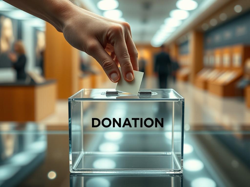 A realistic high-resolution photo of a hand placing a donation into a transparent donation box, with a blurred background of a museum-like setting. The focus should be on the hand and the donation box, symbolizing generosity and support for the establishment of the National Spy Museum Australia. The lighting should create a warm atmosphere, enhancing the message of community contribution.