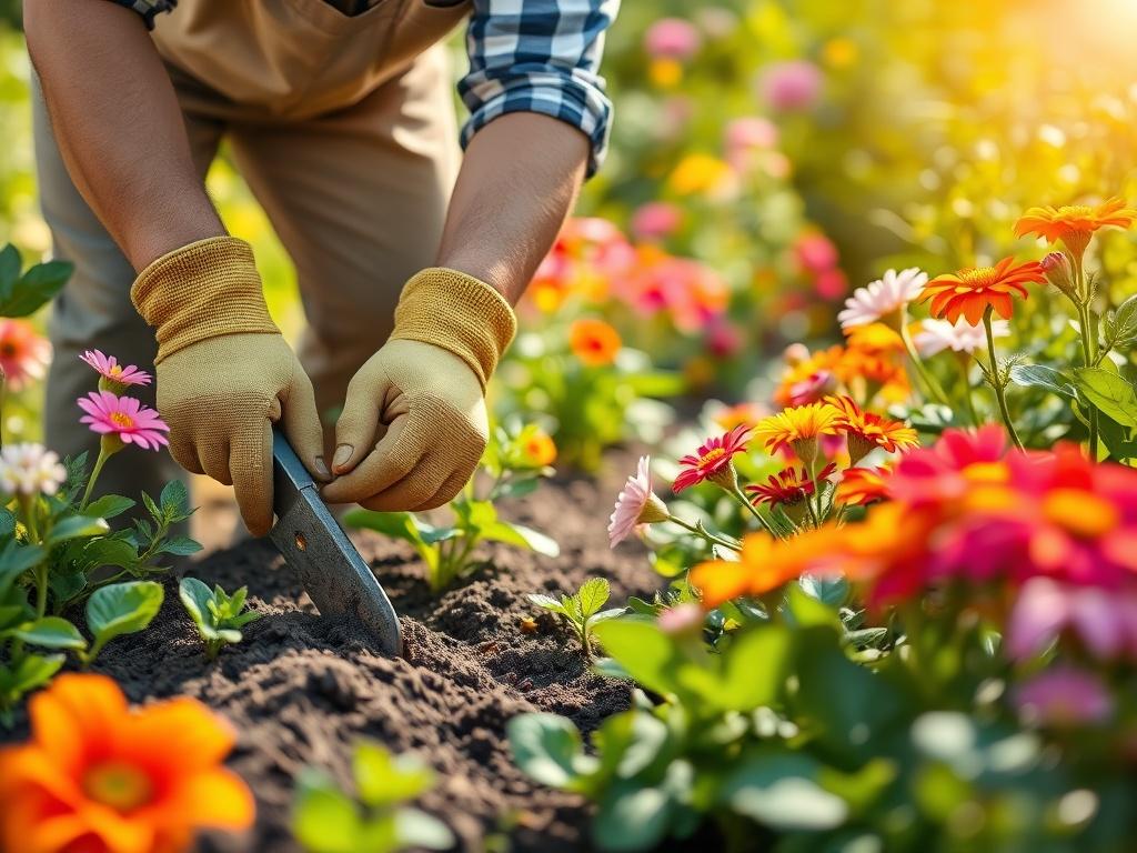 A vibrant garden scene showcasing a professional gardener tending to