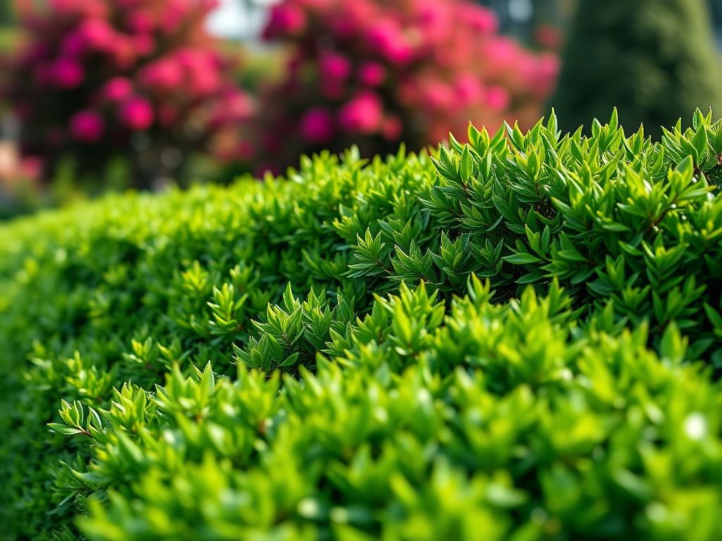 A close-up shot of a well-maintained hedge, freshly trimmed and lush green, showcasing the neat edges after a professional hedge trimming service. The background should be a beautiful garden setting, with soft natural lighting highlighting the vibrant colors of the foliage. The focus should be on the texture and shape of the hedge, conveying a sense of meticulous care and attention to detail.