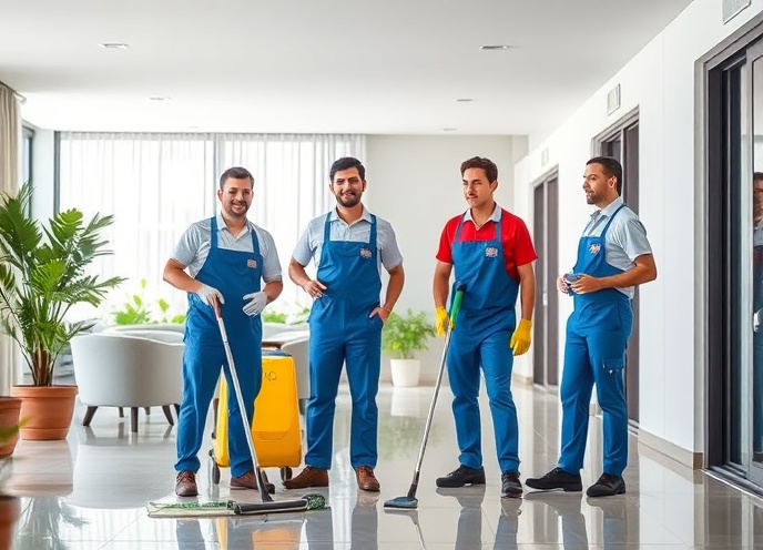 Professional cleaning staff team working in modern apartment complex common area