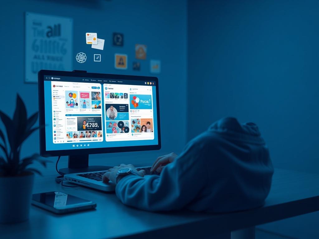 A social media manager working on a laptop with various social media platforms displayed on the screen. The environment is creative and dynamic, filled with colorful visuals and engagement metrics.