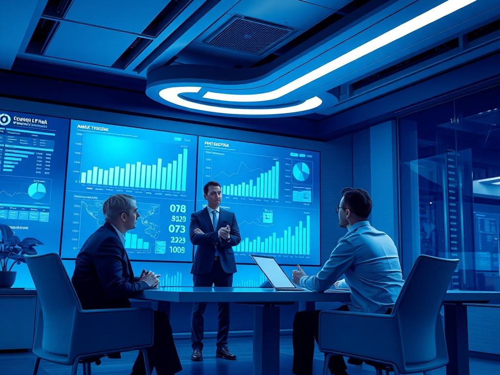 A futuristic office setting with a consultant discussing strategy with a client. The backdrop features digital screens displaying market analytics and growth charts. The consultant is wearing modern business attire, and the atmosphere is vibrant and professional.