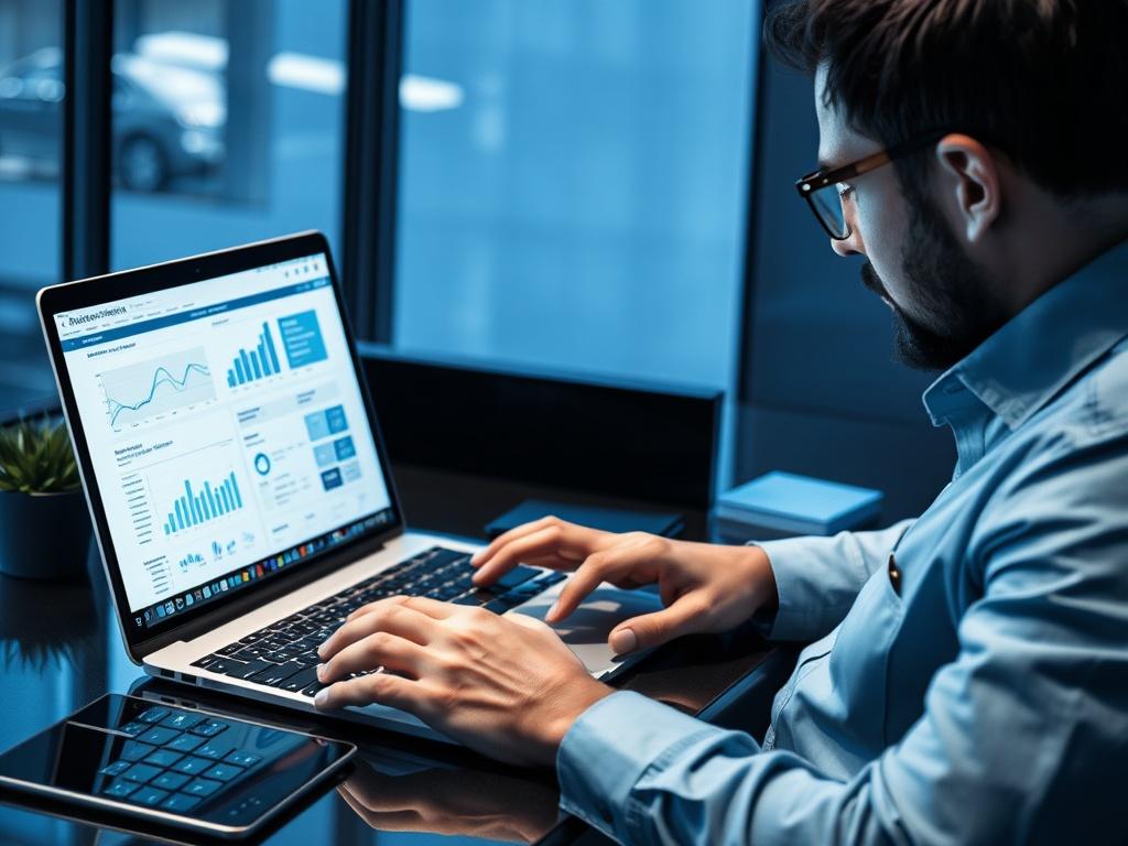 A digital marketing expert analyzing website data on a laptop. The screen shows graphs and statistics related to SEO performance. The surrounding environment is sleek and modern, showcasing a blend of technology and creativity.