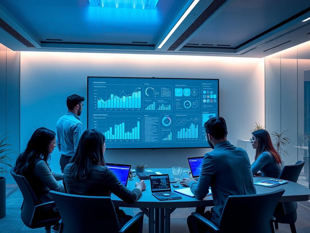 A futuristic office setting with a diverse team of digital