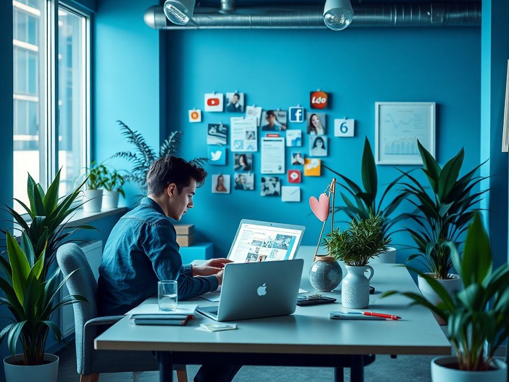 A creative workspace with a social media manager planning content