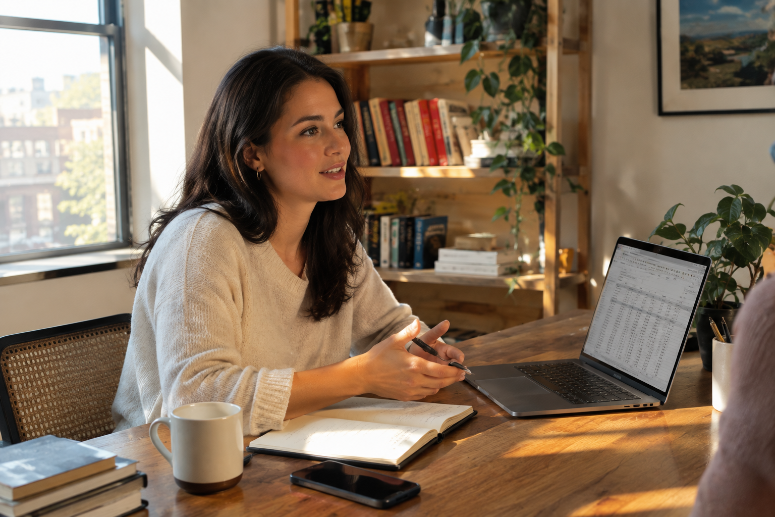 Renata Cole at her wooden desk mid-conversation, laptop open to a simple spreadsheet, warm afternoon light through a side window