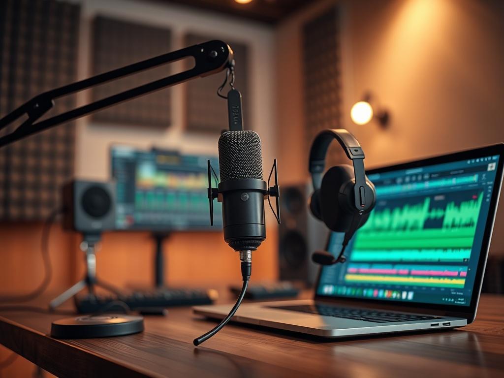 A close up shot of a professional podcasting setup featuring