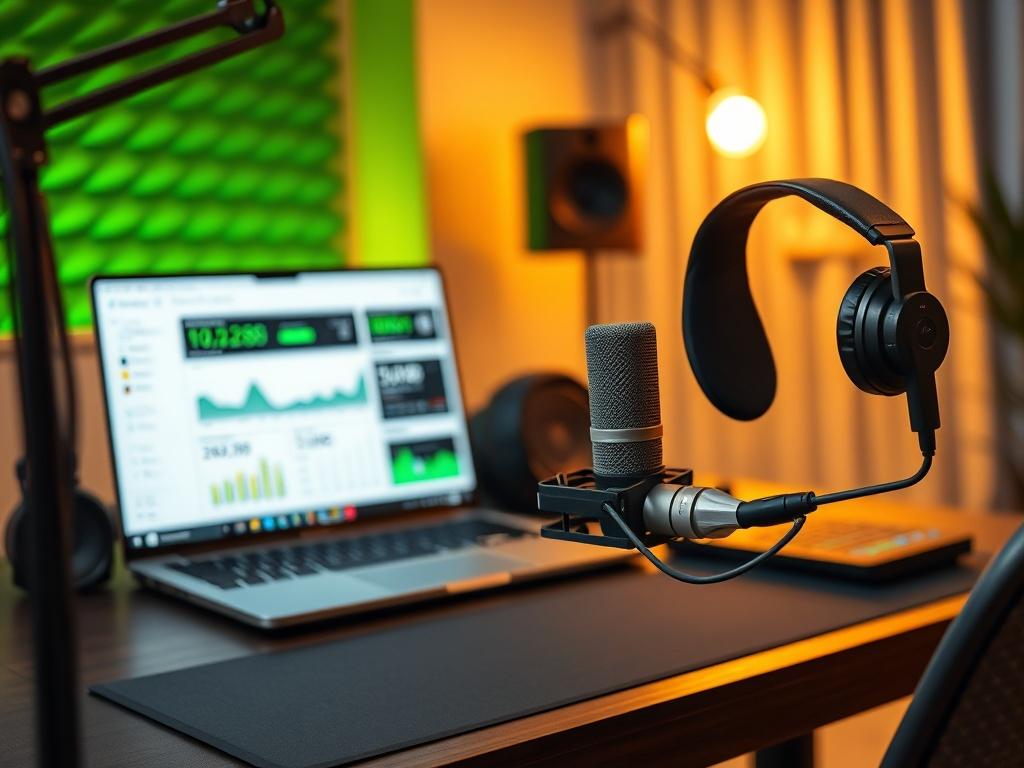 A close up shot of a podcast studio, featuring a