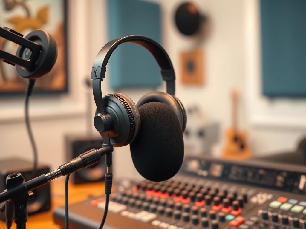 A close up shot of a podcast recording session in