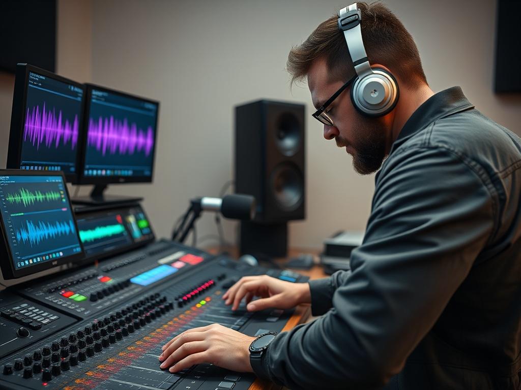 A close-up shot of a professional audio engineer working on a mixing console, focused on editing a podcast episode. The setting features high-quality audio equipment, vibrant sound waves displayed on screens, and a minimalistic studio background. The lighting is soft, creating an inviting atmosphere. The composition highlights the engineer's concentration and showcases the intricacies of audio editing.