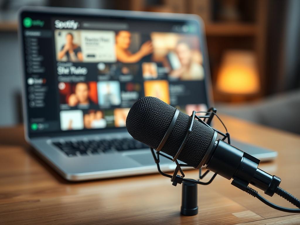 A close-up shot of a podcast microphone on a wooden table, with a laptop displaying Spotify's interface in the background. The scene is softly lit to create a warm, inviting atmosphere, highlighting the microphone as the focal point. The background should be blurred to emphasize the microphone, capturing the essence of podcasting and music streaming. The overall color tone should align with the primary color rgb(245, 77, 77), enhancing the visual connection to the brand.