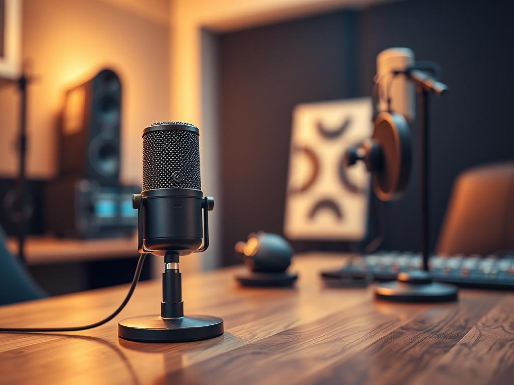 A close-up shot of a microphone on a wooden table with a soft-focus background of a cozy podcast studio. The microphone is sleek and modern, showcasing its details, while warm lighting creates an inviting atmosphere. The background includes blurred elements like headphones and sound panels, emphasizing the podcasting theme. The image should evoke a sense of professionalism and creativity, captured with a 45mm f/1.2 lens for a hyper-realistic effect.