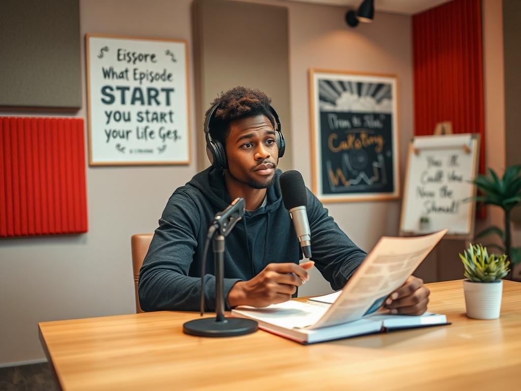 **AI Image Generation Prompt:**

Create a realistic high-resolution photo that captures the essence of podcasting as a creative journey. The image should feature a single subject: a young, diverse podcaster sitting at a modern podcasting table. The podcaster should be holding a microphone and is engaged in thought, perhaps looking thoughtfully at a notebook filled with outlines and ideas, reflecting on the question, "What episode should you start a podcast?"

The background should be a well-lit, cozy record