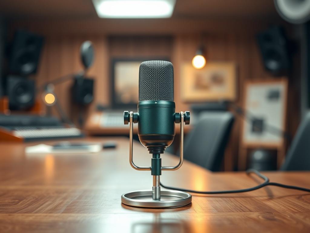 A professional close-up shot of a podcast microphone on a wooden table, with a blurred background of a recording studio. The image captures the essence of podcasting, showcasing the microphone's details and the warm ambiance of a creative workspace. The color palette includes greens to match the brand's primary color, with soft lighting that enhances the texture of the wood and metal. The composition should focus solely on the microphone, creating a clear focal point for viewers.
