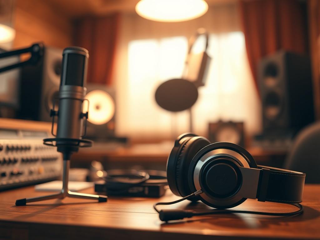 A close-up shot of a microphone and headphones on a wooden desk, with a blurred background of a cozy recording studio. The lighting is warm and inviting, creating a professional yet relaxed atmosphere. The image should be in RGB(50, 170, 39) tones, highlighting the equipment prominently.