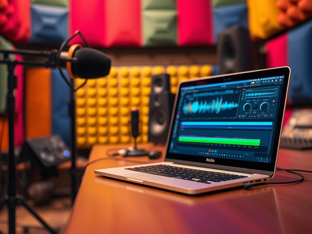 A close-up shot of a vibrant podcast studio with colorful sound panels and a laptop displaying audio editing software. The background should be softly blurred, emphasizing the equipment and the creative environment. The image should reflect RGB(50, 170, 39) shades, creating a lively atmosphere.