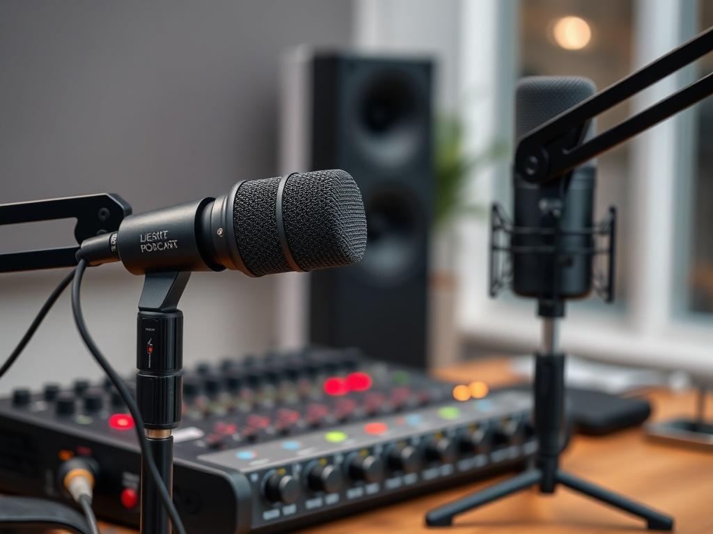 A close-up shot of a professional podcasting setup featuring a high-quality microphone and an audio interface, with a modern aesthetic. The background should be slightly out of focus, showcasing a contemporary recording space. The colors should include shades of RGB(50, 170, 39) to convey a sense of professionalism.